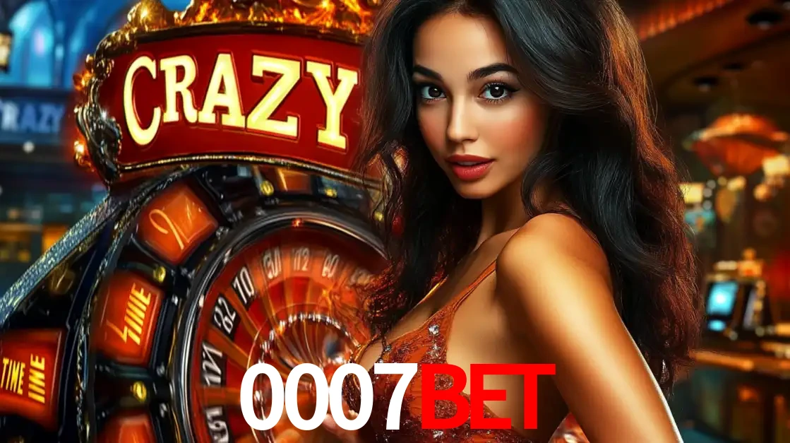 Mulher glamourosa olhando para a câmera com a roda vermelha do Crazy Time ao fundo em um ambiente de cassino, destacando a emoção dos jogos ao vivo no 0007BET.