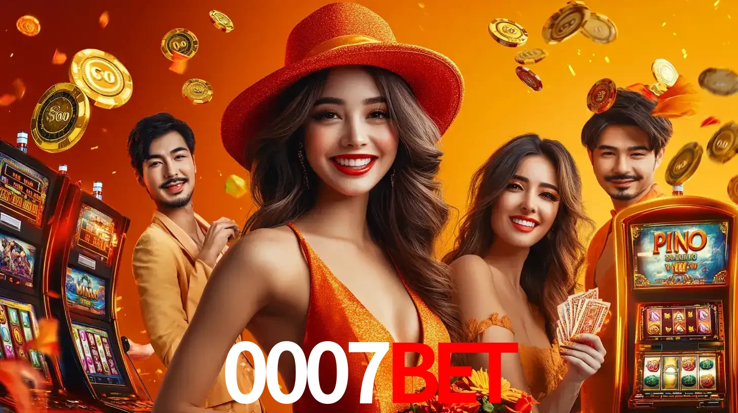 Grupo de amigos asiáticos sorrindo e se divertindo com máquinas de caça-níqueis em um ambiente festivo, celebrando suas vitórias nos jogos de cassino do 0007BET.