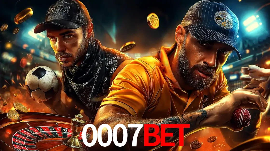 Montagem de apostas esportivas e cassino no 0007BET, com um homem segurando uma bola de futebol e outro uma de beisebol sobre uma roleta e moedas voadoras.