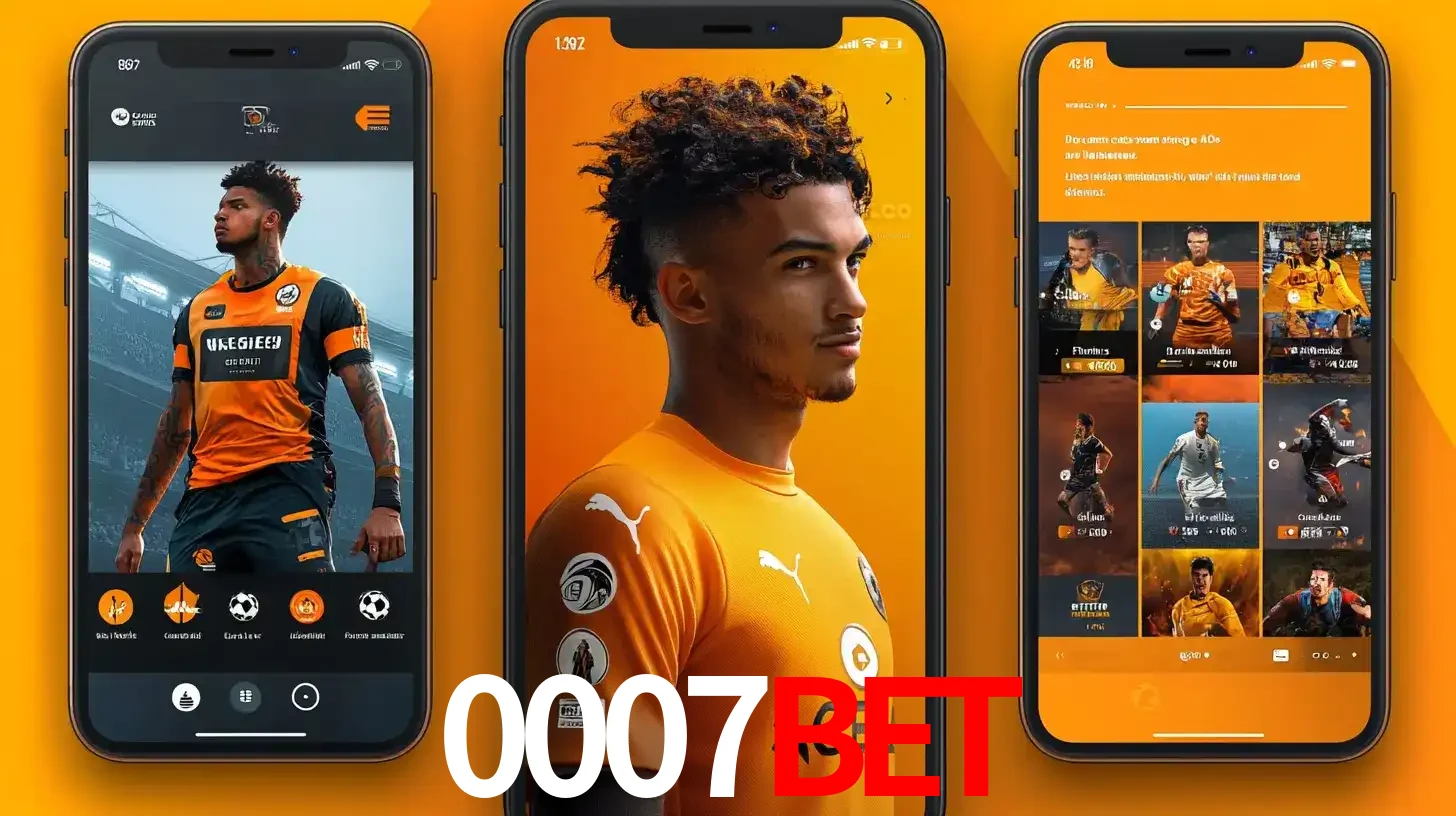 Interface do aplicativo de apostas esportivas 0007BET em três telas de celular, mostrando o perfil de um jogador de futebol e a lista de jogos disponíveis para apostar.