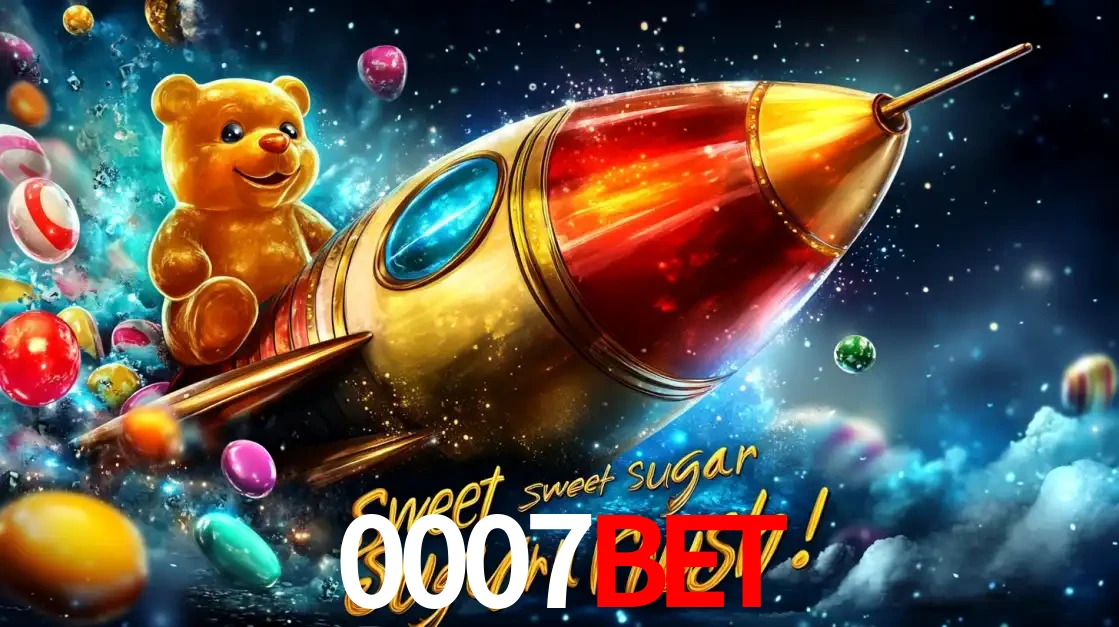 Arte promocional do jogo de slot Sugar Rush, com um urso de pelúcia em um foguete viajando pelo espaço de doces, um dos jogos divertidos disponíveis no cassino 0007BET.