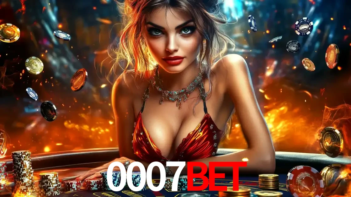 Mulher em uma mesa de cassino com pilhas de fichas e um fundo de fogo, pronta para uma rodada de altas apostas nos jogos de mesa emocionantes do cassino 0007BET.