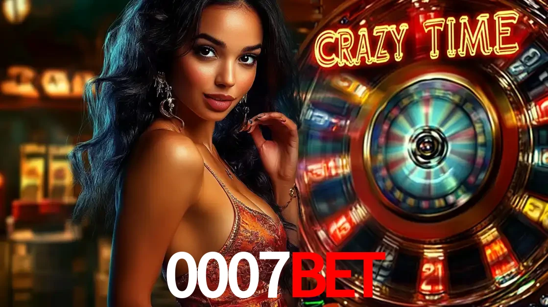 Mulher elegante ao lado da vibrante roda da fortuna do jogo de cassino ao vivo Crazy Time, um dos game shows mais populares e cheios de prêmios do 0007BET.