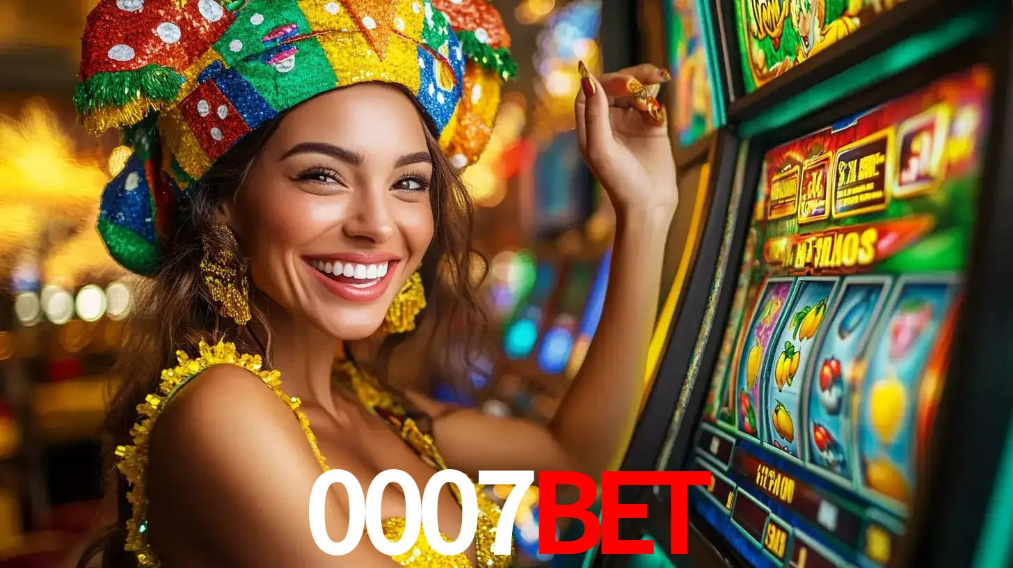 Mulher feliz com traje de carnaval amarelo e colorido ao lado de uma máquina de caça-níqueis, aproveitando a diversão e os jogos temáticos do cassino 0007BET.