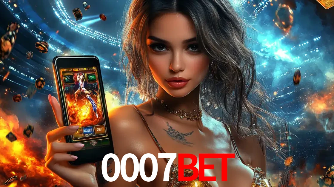 Mulher segurando um celular com um jogo de slot em destaque, tendo como fundo um estádio vibrante, simbolizando a emoção de jogar no cassino móvel 0007BET.
