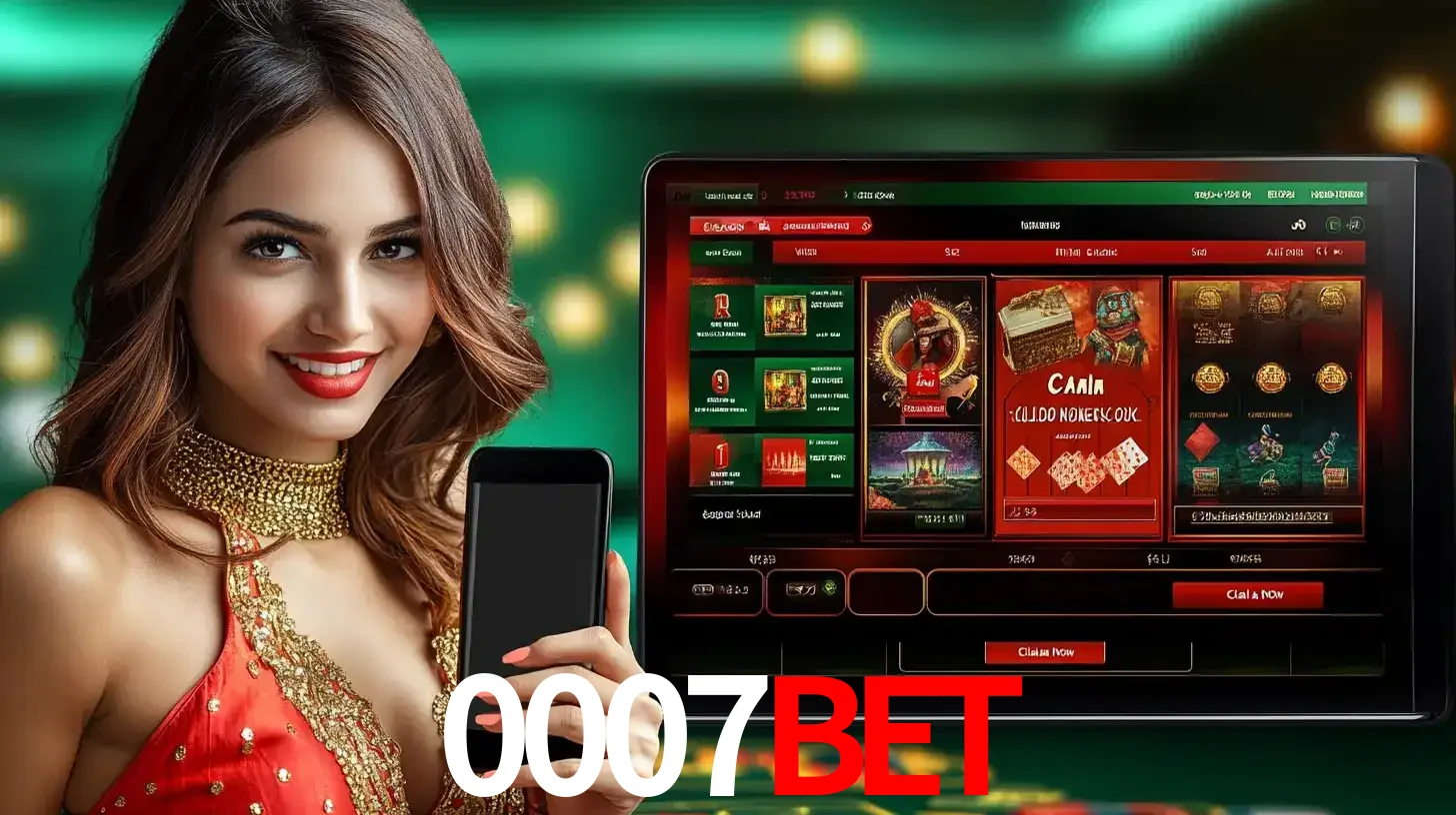 Mulher sorridente segurando um smartphone, ao lado de uma tela exibindo o lobby de jogos do cassino online 0007BET, com várias opções de jogos de cartas e slots.
